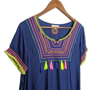 Ruby Yaya Embroidered Dress Blue Asymmetrical Hem Small Fringe Pockets Boho